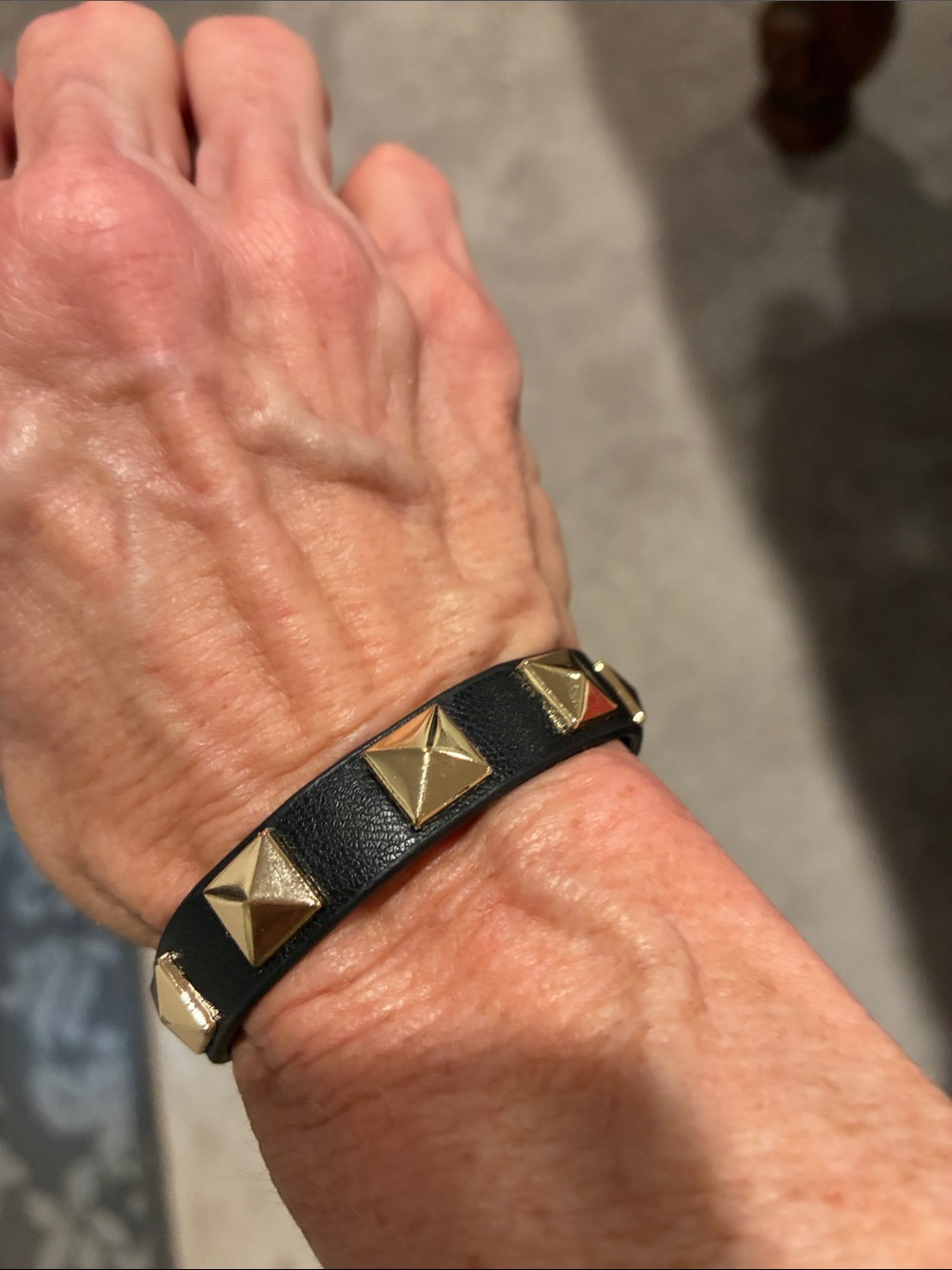 Park Lane Black Leather Bracelet with Gold Pyramid Studs